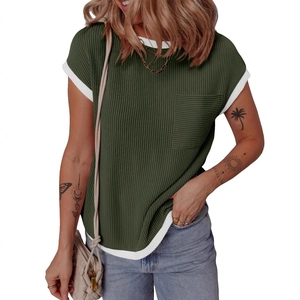 Deep green short sleeve rib knit t-shirt with white contrast edges and chest pocket