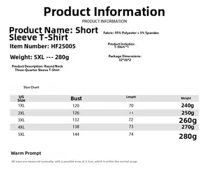 Detailed size guide table for women's plus size crew neck t-shirt with fabric specs