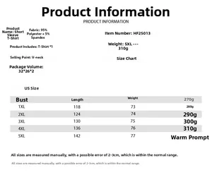 Size chart for women's V-neck plus size T-shirt showing detailed US measurements in inches