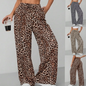 Women's leopard print high waist wide leg trousers with drawstring and side pockets