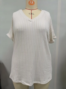 Close-up of white V-neck T-shirt with vertical ribbed texture on a fashion mannequin