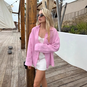 Camicia da Donna Casual a Tinta Unita a Maniche Lunghe Vestibilità Comoda Colletto a Revers Monopetto Top per Vacanze in Trama di Lino