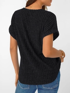 Back view of a black ribbed knit V-neck short sleeve T-shirt with rolled cuff details