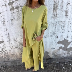 Women Casual Loose Asymmetrical Top And Wide Leg Pants Outfit Linen Texture Solid Color Elegant Bohemian Style Clothes
