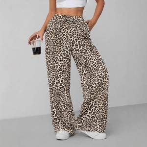Trendy leopard print wide-leg trousers with high waist and drawstring for women
