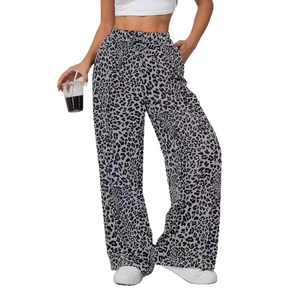 Fashionable high waist leopard print wide leg pants with drawstring in grey tones
