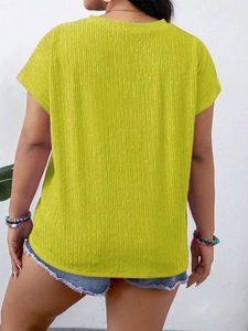 Back view of yellow ruffle sleeve t-shirt with pleated texture and round neck