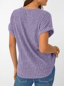 Back view detail of lavender ribbed knit v-neck t-shirt with fixed rolled cuffs