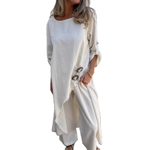 Women casual off-white linen two-piece set with irregular tunic and wide leg pants