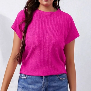 Short sleeve bright pink pleated top for women with crew neck and flutter sleeves