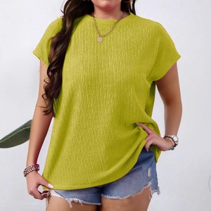 Women's mustard yellow puff short sleeve t-shirt with textured seersucker fabric and round neck