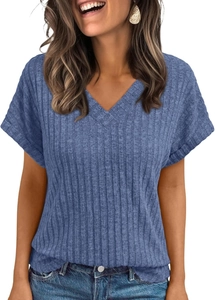 Detail view of the v-neckline and ribbed knit texture on a navy blue short sleeve t-shirt