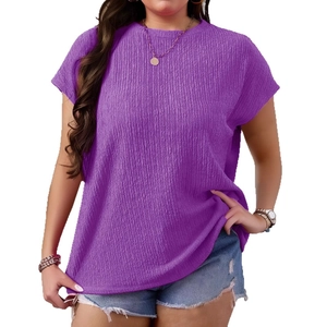 Purple plus size short sleeve T-shirt with vertical plissé texture and casual round neck