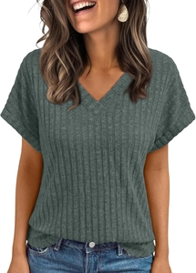 Close-up of sage green V-neck T-shirt showing textured ribbed knit and rolled sleeve cuff