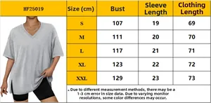 Size chart for women's V-neck T-shirt showing bust, sleeve, and length in centimeters