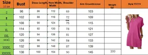 Detailed size chart for loose short sleeve crew neck dress showing S to 5XL dimensions