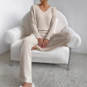 Women Top And Bottom Ribbed Knit V-Neck Long Sleeve Pullover And Wide Leg Pants Casual Lounge Homewear Elegant Suit