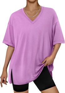 Detail shot of lavender V-neck T-shirt showing soft fabric texture and side slit design