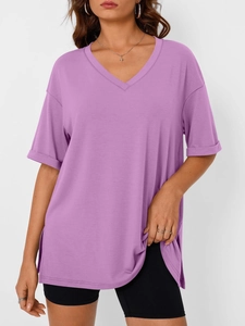 Close-up of V-neckline and rolled sleeve details on lavender purple women t-shirt