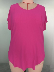 Detailed close-up of rose red plus size T-shirt showing round neck and chest pocket texture