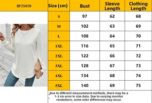 Detailed size chart for long sleeve waffle knit top with measurements from S to 5XL