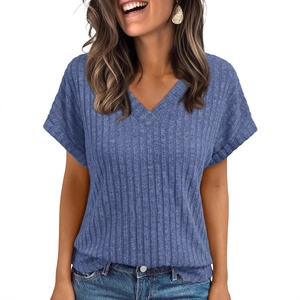 Women's V-neck ribbed T-shirt in dark blue with short rolled sleeves and casual slim fit