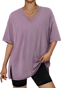 Detail view of oversized lavender V-neck T-shirt with side slits and soft fabric texture