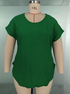 Detail of green plus size T-shirt with ribbed texture, crew neck and chest pocket