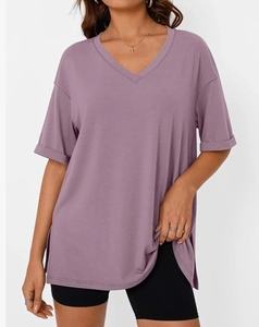 Detail showing the fixed rolled sleeves and soft purple knit fabric on the V-neck tee