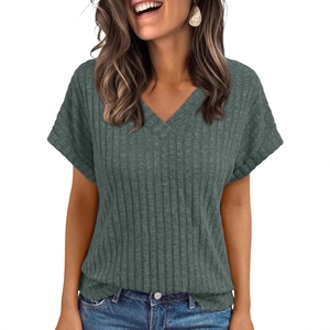 Women's V-neck ribbed T-shirt in sage green paired with denim jeans for casual summer wear