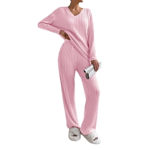 Pink rib-knit two-piece lounge set with V-neck pullover and loose wide-leg trousers