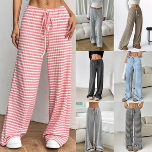 Women's Casual Striped Cotton Blend Straight Wide Leg Pants Drawstring Elastic Waist Spring Autumn Loose Trousers