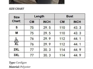 Size chart for hollow short sleeve knit cardigan showing measurements from S to 3XL