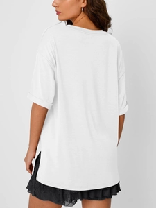 Detailed back view of white V-neck T-shirt with rolled sleeves and side split hem