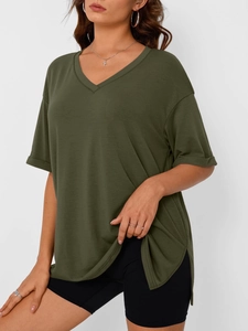 Detail of V-neckline and side slit on olive green oversized short sleeve t-shirt