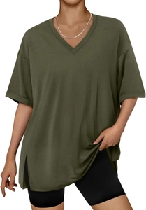Detail of olive green V-neck T-shirt showing rolled sleeve cuffs and side slit hem design