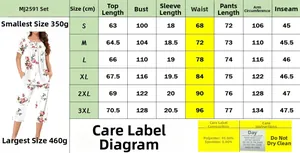 Guide des tailles pour ensemble pyjama fleuri femme du S au 3XL avec mesures détaillées