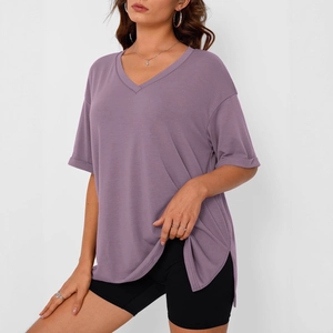 Women's purple V-neck short sleeve T-shirt with side slits and a loose casual fit
