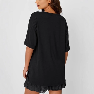 Women's black V-neck short sleeve T-shirt with side slits and dropped shoulder design