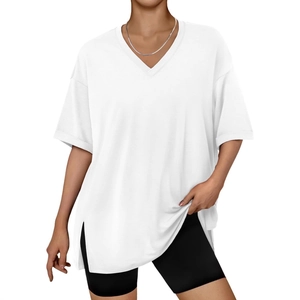 Women's white V-neck short sleeve T-shirt with side slits and loose fit casual style