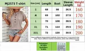 Detailed size guide and material specs for the button crew neck short sleeve summer t-shirt