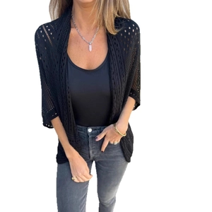 Women's black hollow-out knit cardigan with chic half sleeves and open front design
