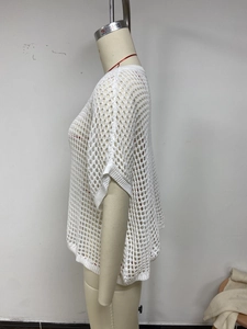 Detailed view of the white crochet hollow-out mesh texture on this summer beach cover-up