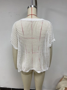Detail view showing the intricate hollow out crochet pattern on the white knit cover-up