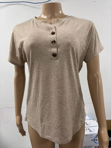 Close-up of a light coffee Henley T-shirt featuring a three-button neckline and soft fabric