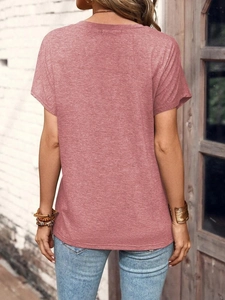 Back view of a dusty rose crew neck T-shirt with subtle marled texture and casual fit