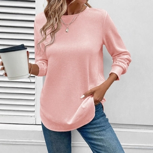 Pink waffle knit crewneck sweatshirt for women with long sleeves and casual loose fit