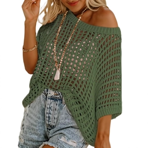 Women's olive green hollow knit crochet beach cover-up with stylish mid-sleeves