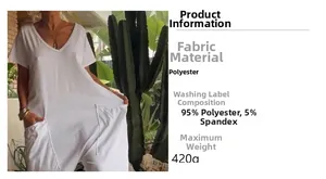 Détail du tissu en polyester et de l'étiquette de lavage pour cette combinaison blanche à col V