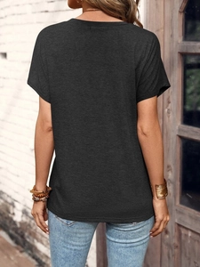 Close-up of the breathable charcoal grey fabric and relaxed back fit of this summer t-shirt